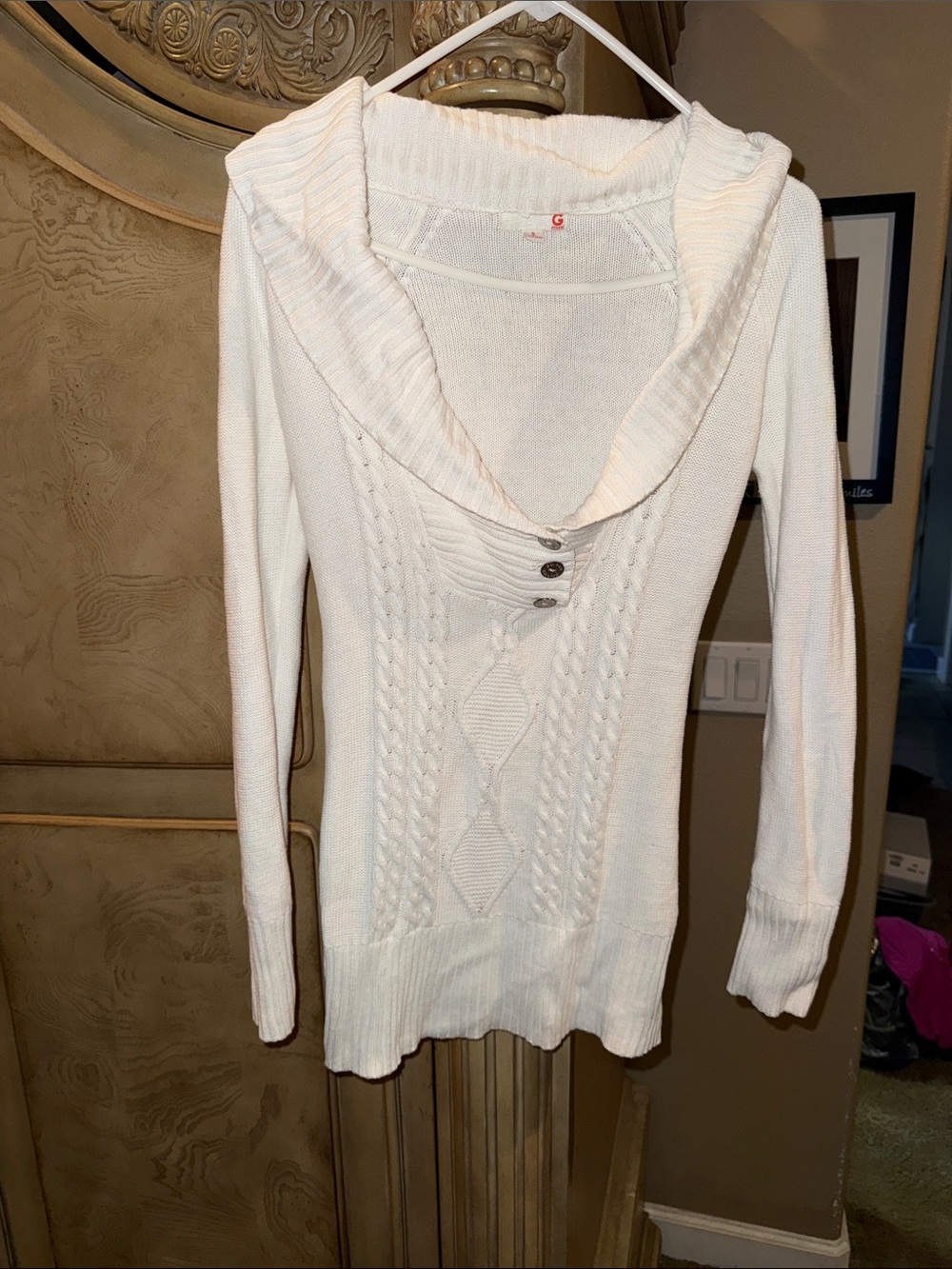 G by Guess white Cable-Knit Cowl Sweater with Button Trim